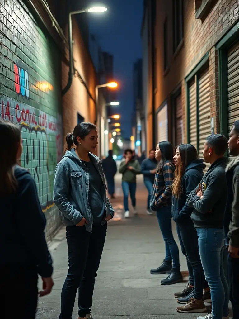 A community outreach worker engaging with at-risk youth in an urban environment, providing support and guidance.