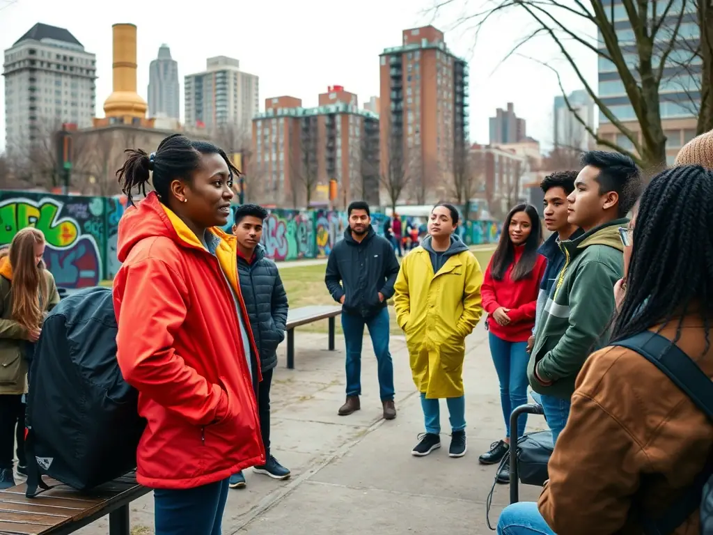 A community outreach worker engaging with young people in an urban setting, representing the Outreach Programs.
