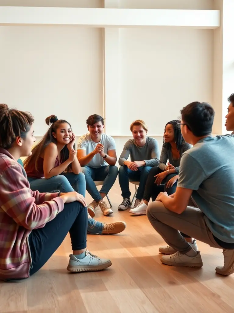A group of young people participating in a conflict resolution training session, learning skills to manage disagreements peacefully.