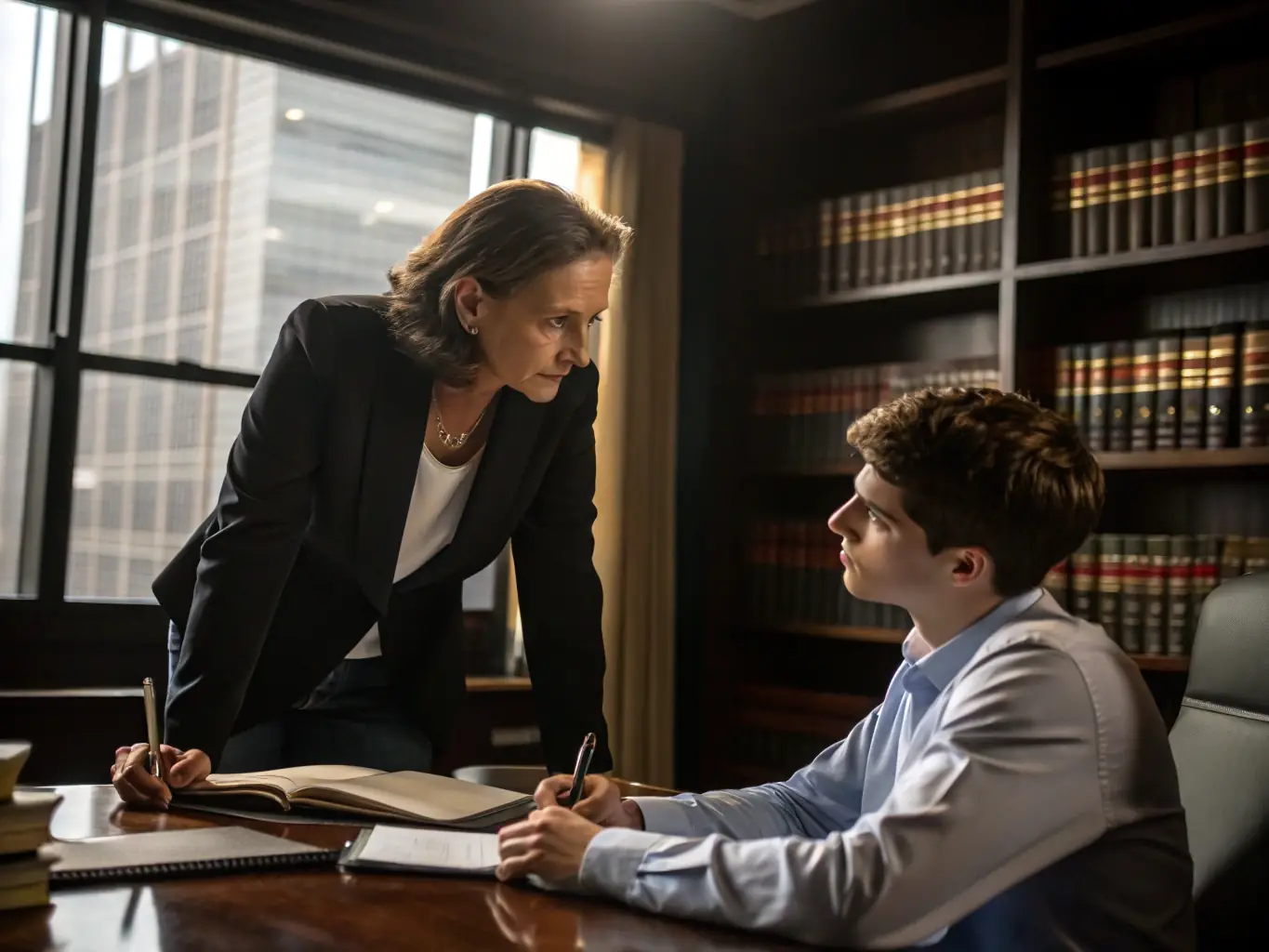 An image of a legal advisor speaking with a young person in a welcoming office setting, representing the Free Legal Consultations program.