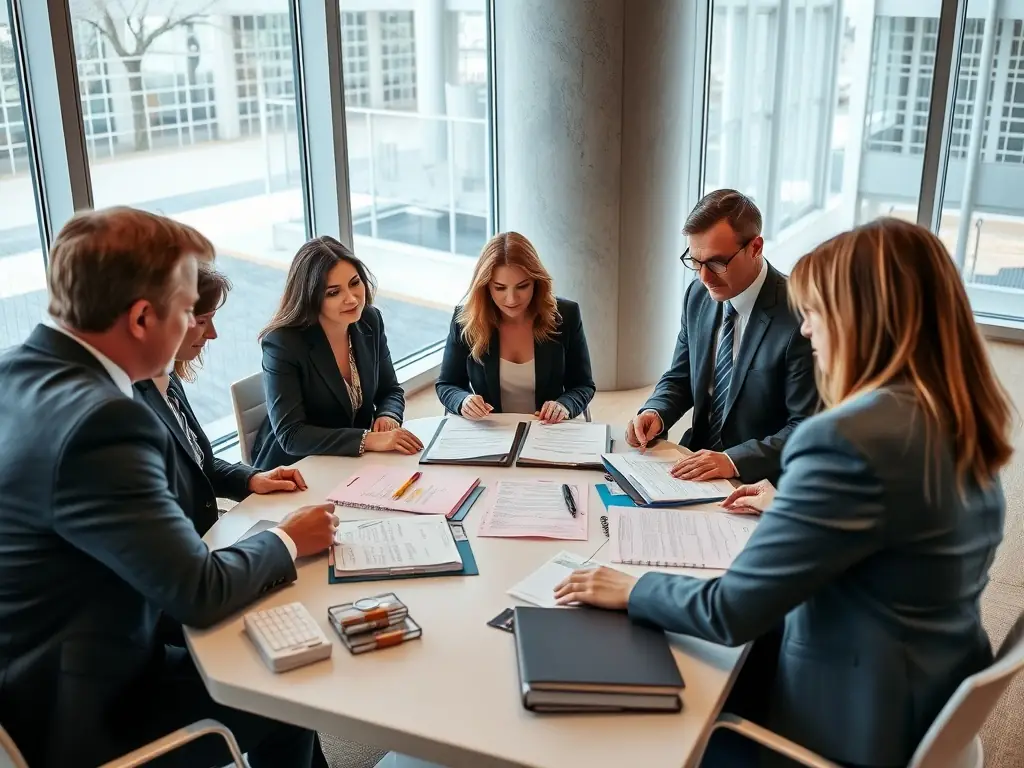 A diverse group of young adults participating in a free legal consultation session, with a lawyer explaining legal concepts using visual aids in a brightly lit office.