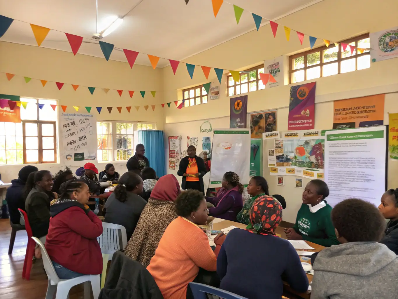 A group of volunteers and young people participating in an outreach program in a community center, engaging in activities that promote social inclusion and prevent violence.