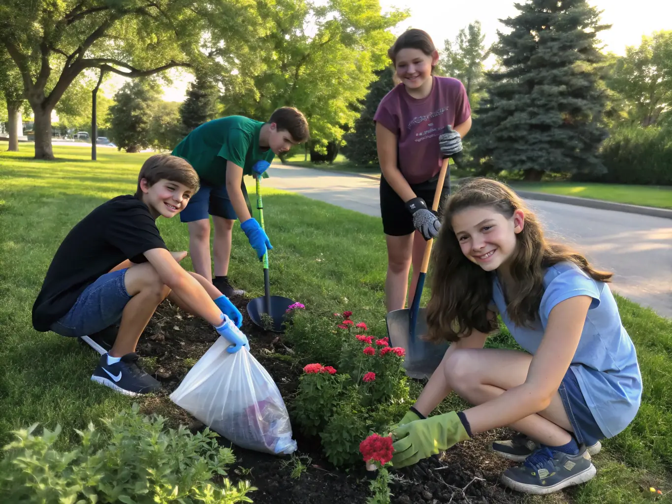 A group of young adults engaging in a community outreach program, cleaning up a local park and interacting positively with community members. The scene is vibrant and inclusive.