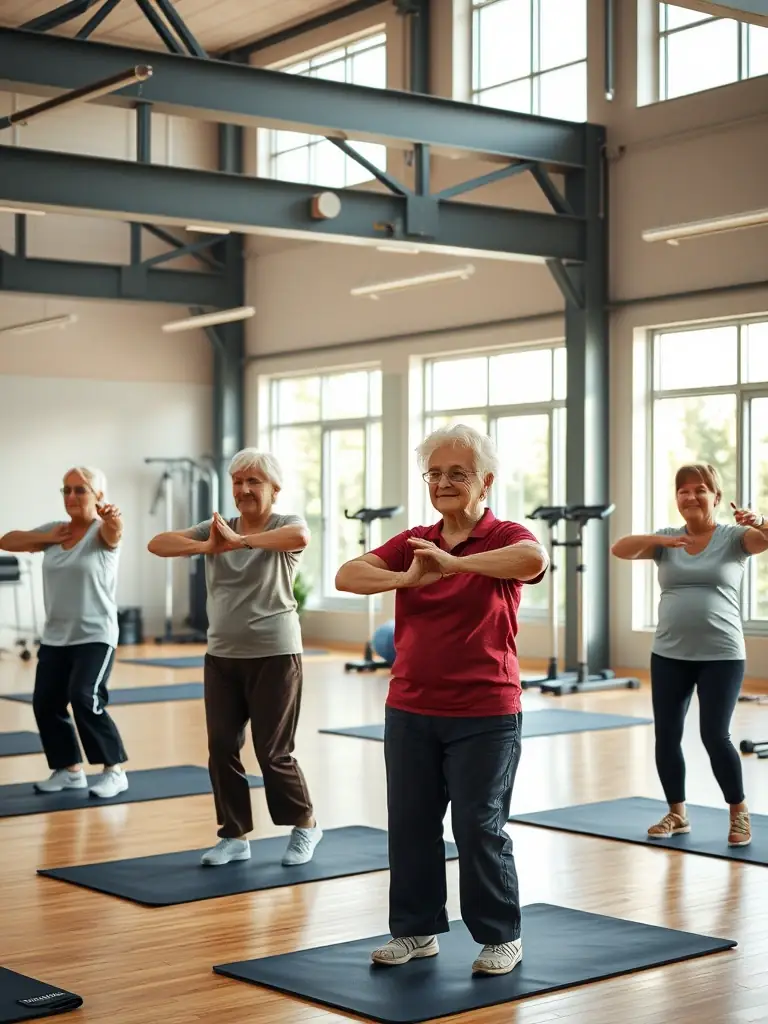 A photograph capturing a group of senior citizens participating in a gentle exercise program at USM, highlighting the association's commitment to inclusivity.
