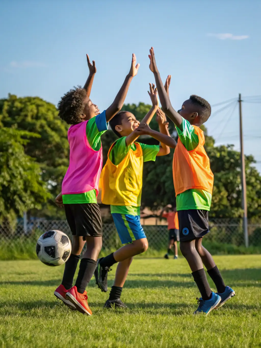 A photograph capturing a youth soccer team from Union Sportive du Mans celebrating a victory, showcasing teamwork and sportsmanship.