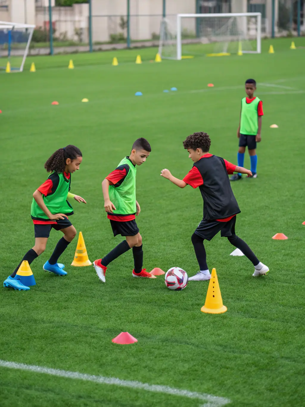 A vibrant image of a youth soccer team in action, showcasing teamwork and sportsmanship during a local match organized by Union Sportive du Mans.