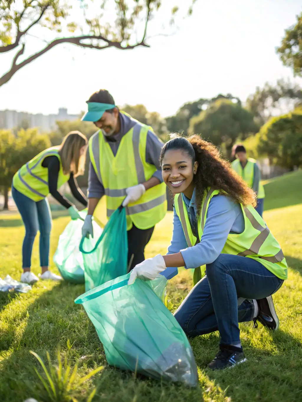 A picture of volunteers from Union Sportive du Mans cleaning up a local park, demonstrating community engagement and environmental responsibility.
