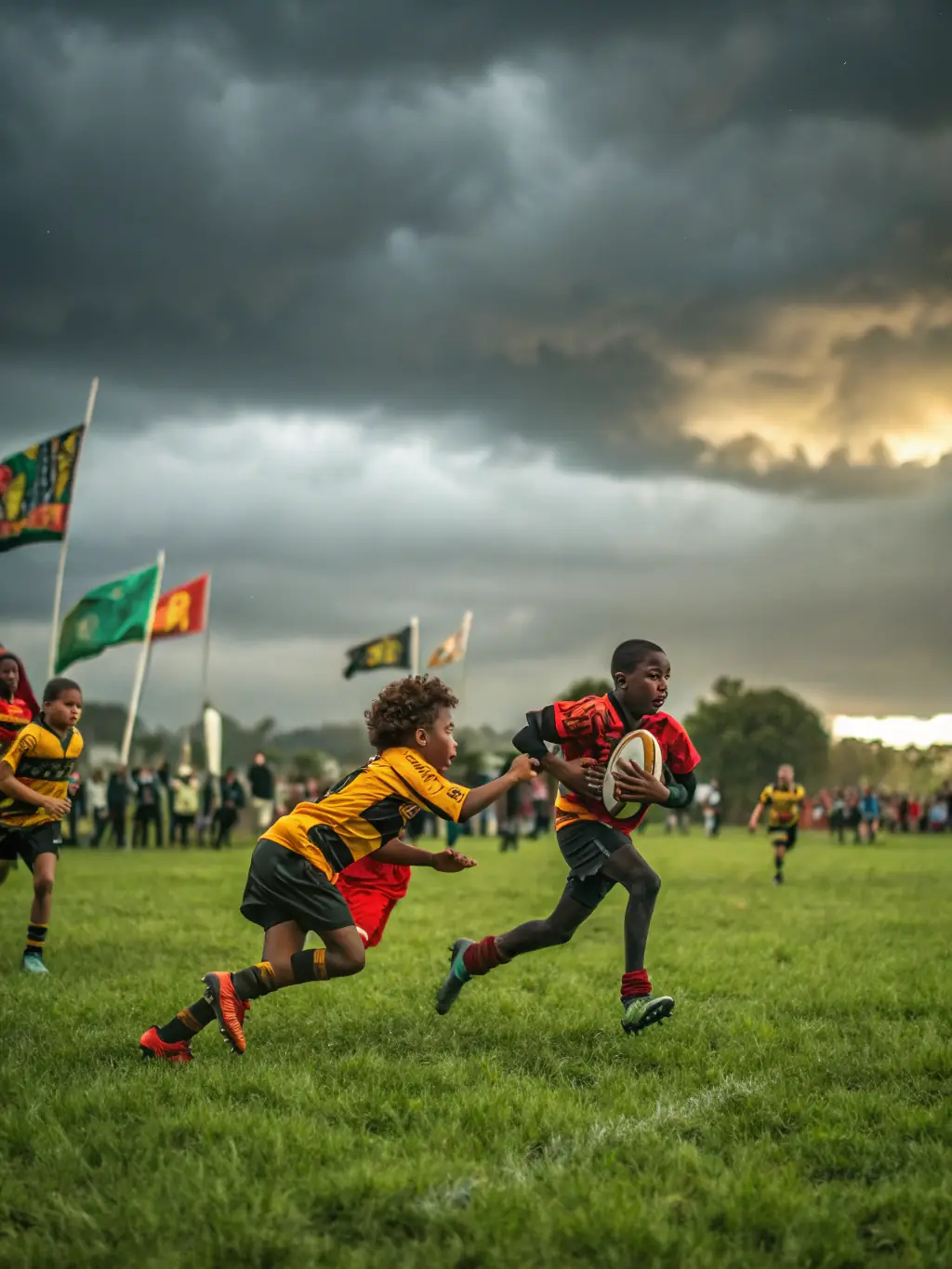 A vibrant image of a youth soccer team in action, showcasing teamwork and sportsmanship during a local match organized by Union Sportive du Mans.