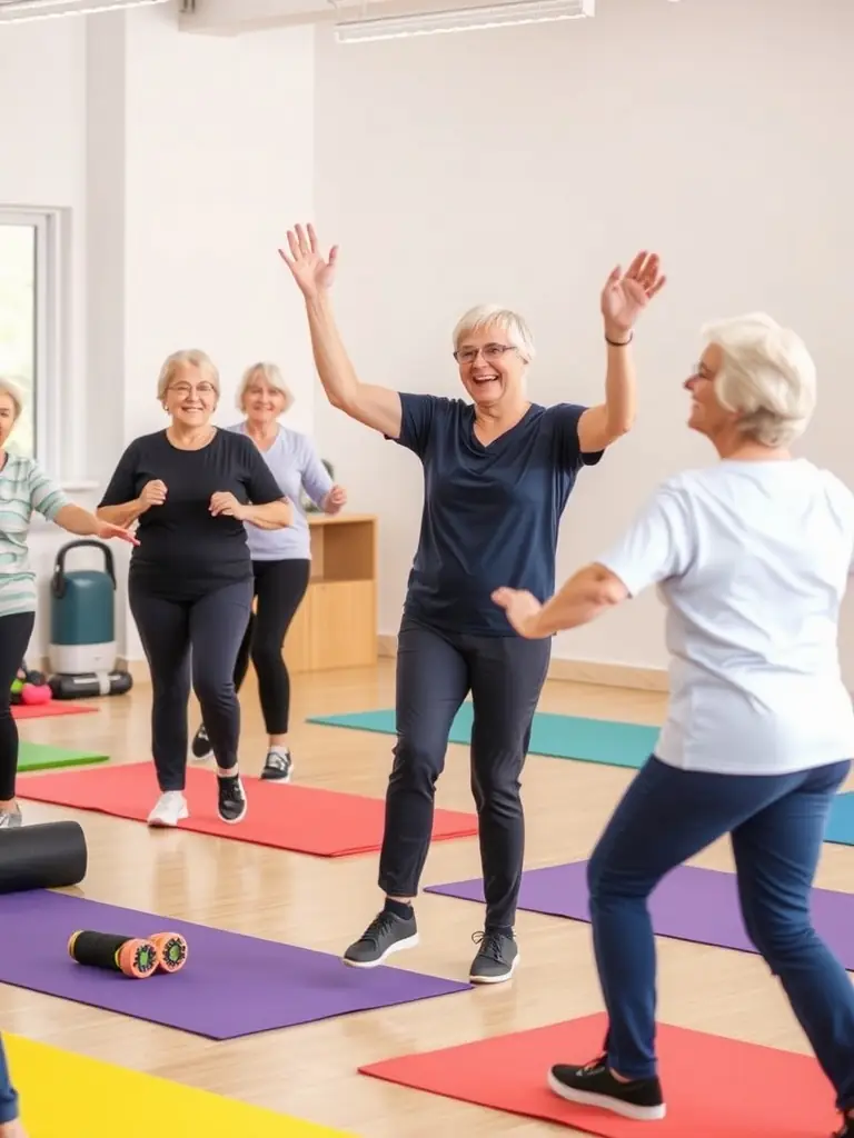 A photo of senior citizens participating in a gentle exercise class organized by Union Sportive du Mans, promoting active aging.
