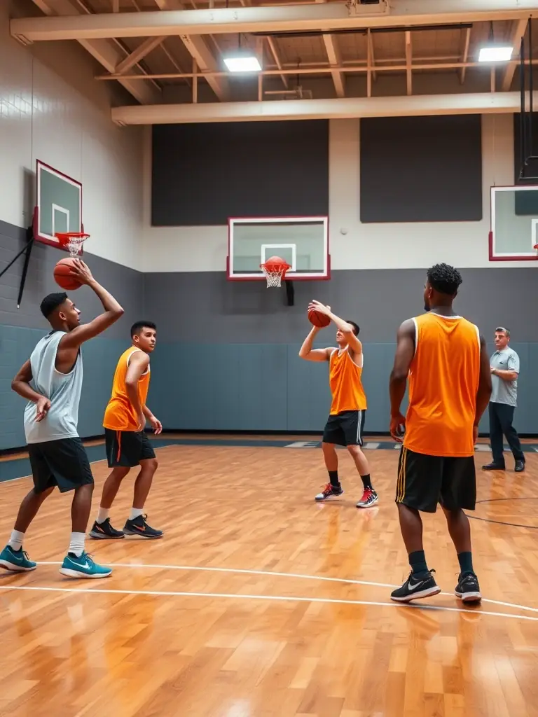 A dynamic photo of a basketball team practicing drills, highlighting the energy and dedication of the players involved in Union Sportive du Mans' basketball program.