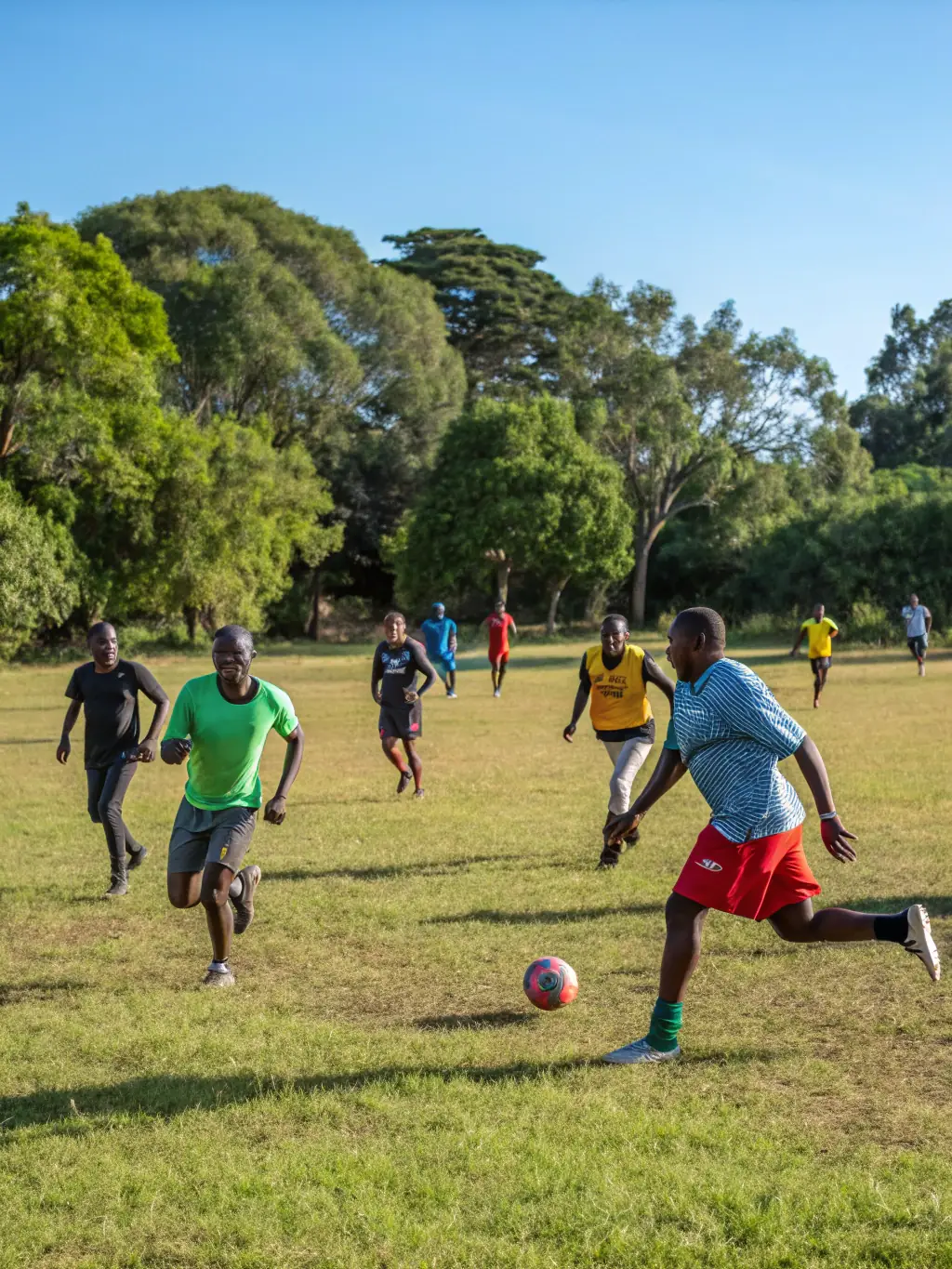 A vibrant image of children and adults participating in a soccer game at the USM sports complex, showcasing teamwork and community spirit.
