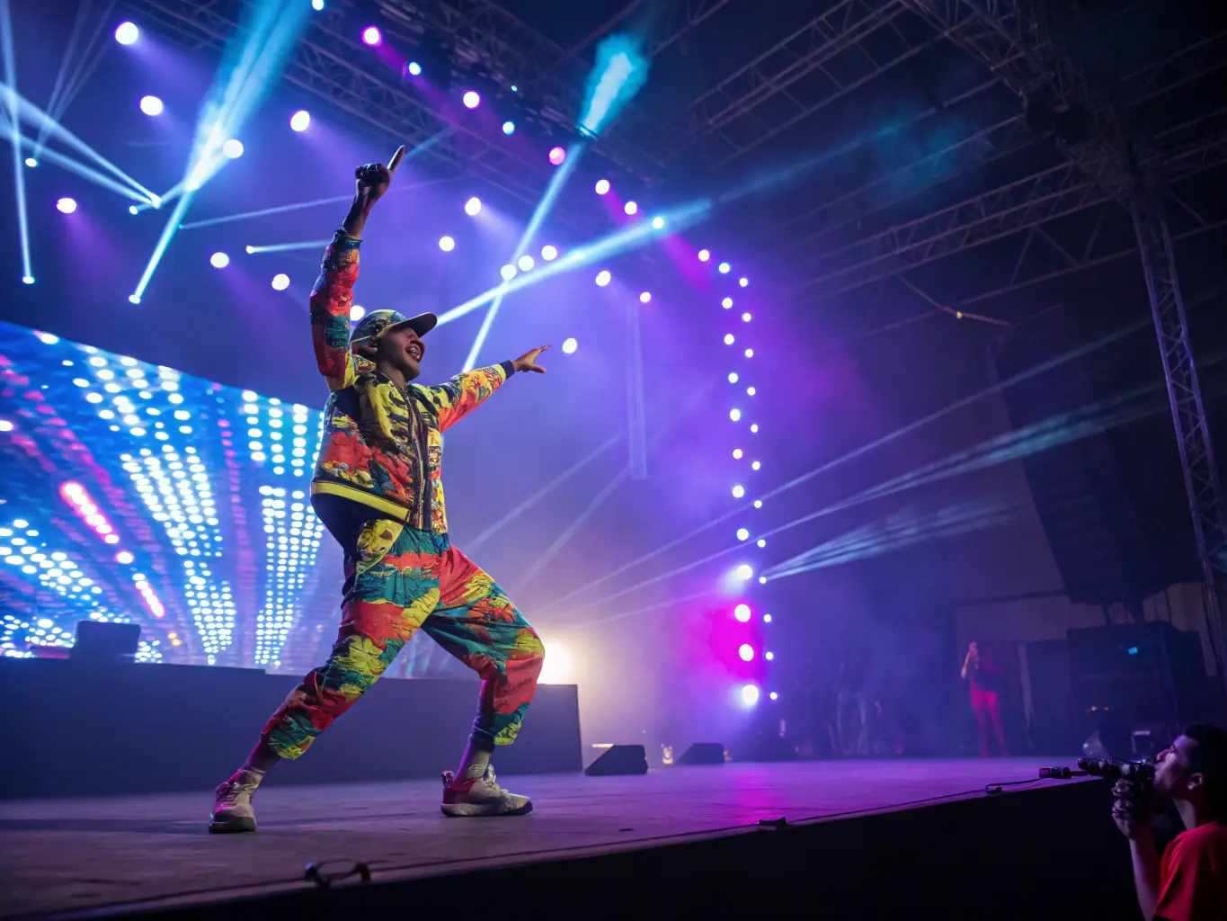 A vibrant stage performance featuring dancers in colorful costumes, bathed in dynamic lighting, capturing the energy and artistry of AMCB's artistic performances.