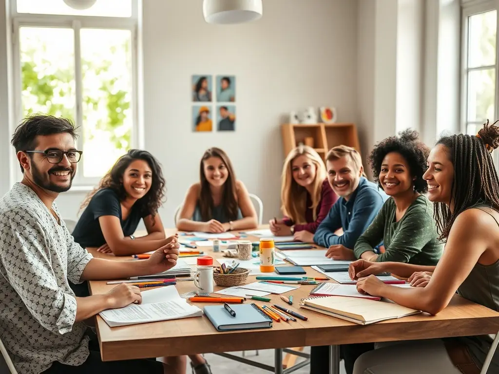 A group of participants actively engaged in an art workshop, learning new skills and techniques under the guidance of an instructor, highlighting AMCB's commitment to education.