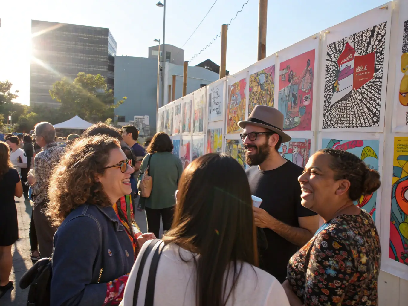 A diverse group of people attending a community cultural event, enjoying art exhibitions and performances, showcasing AMCB's efforts to promote cultural access.